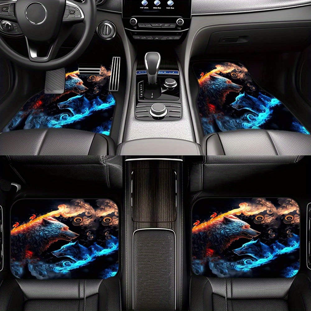 Universal Car Floor Mats 4-Piece Set - Fierce Wolf Head Print For SUVs, Trucks, Sedans