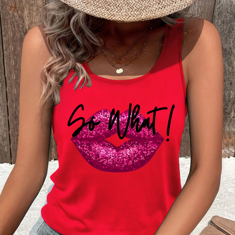 

Chic '' & Purple Lips Print Women's Top - Casual Sleeveless Summer Shirt, Breathable Polyester, Machine Washable