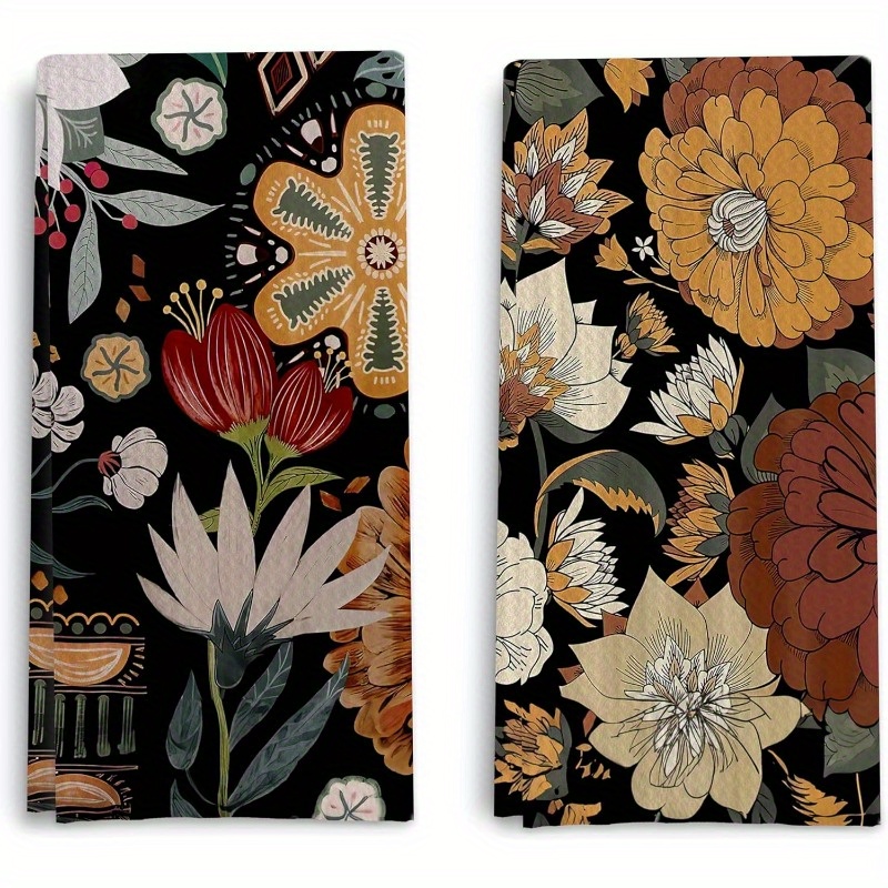 

2pcs Vintage Floral Kitchen Towel Set - Polyester, Waffle Weave, Flowers On Black, 18x26 Inches, Machine Washable, Ideal For Kitchen & Bathroom Decor, Dish Towels For Kitchen