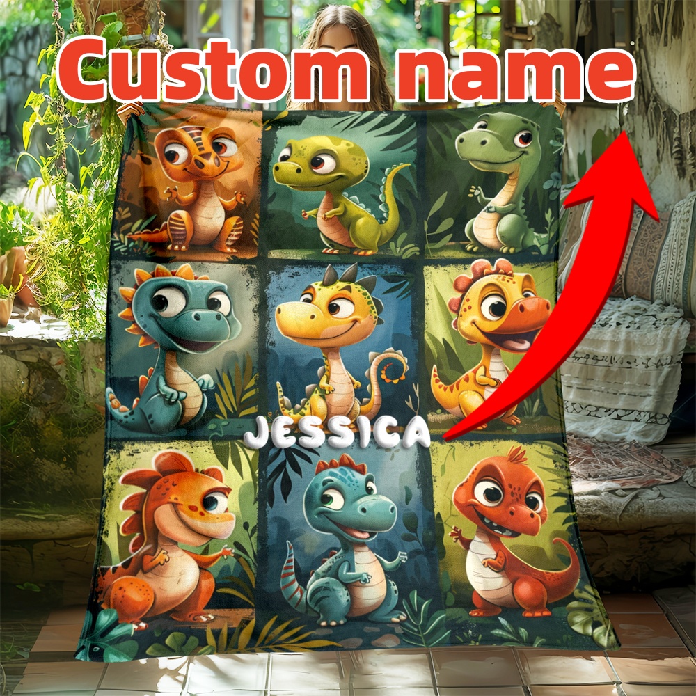 

Custom Name Dinosaur Jigsaw Blanket - Personalized Hd Printed Flannel Throw, Polyester Chunky Knit Lightweight Fleece For Sofa, Bed, Travel, Camping, Office - Machine Washable Warm &