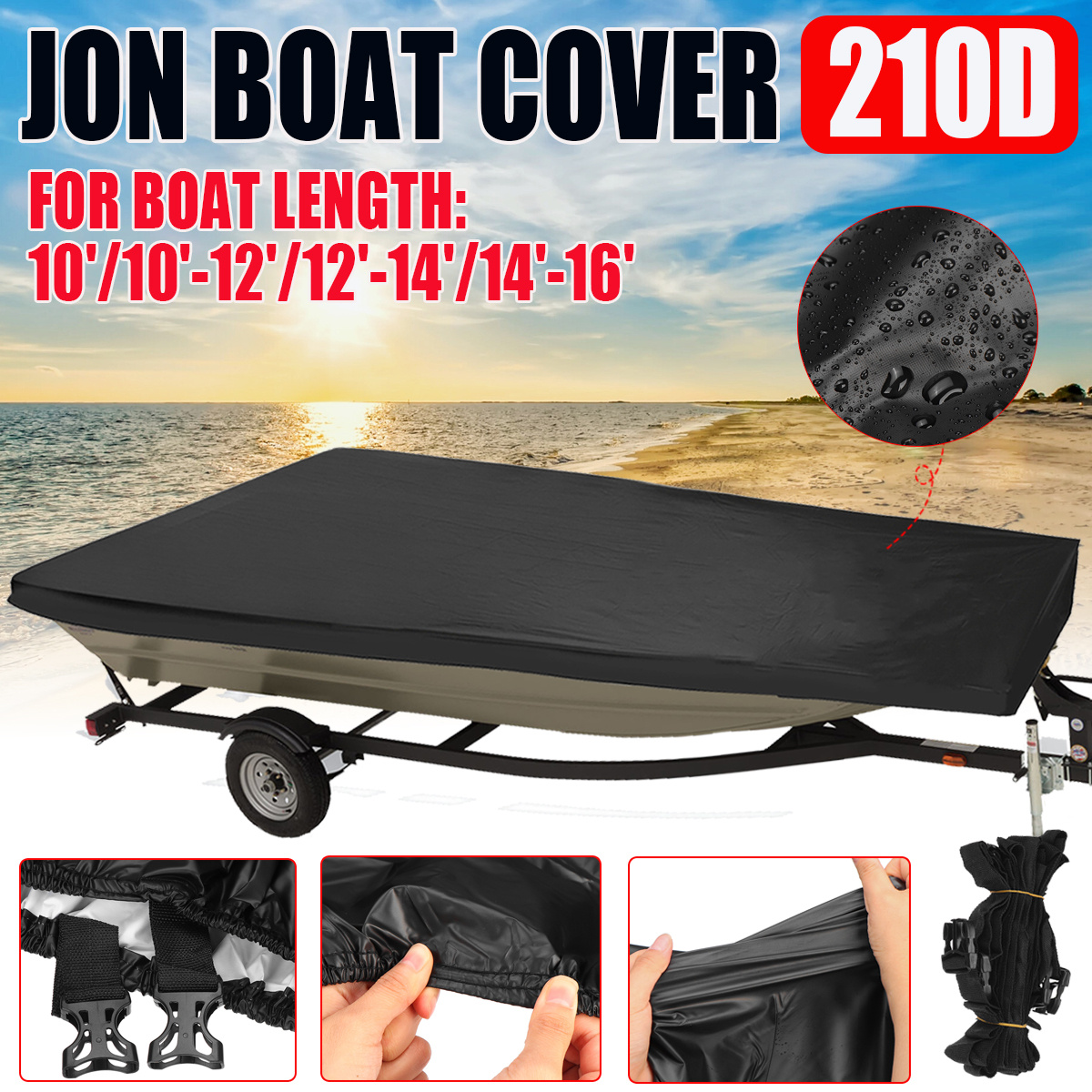 

210d 10ft-16ft Boat Cover Cover, Heavy Duty Trailerable Marine Boat Cover, Black