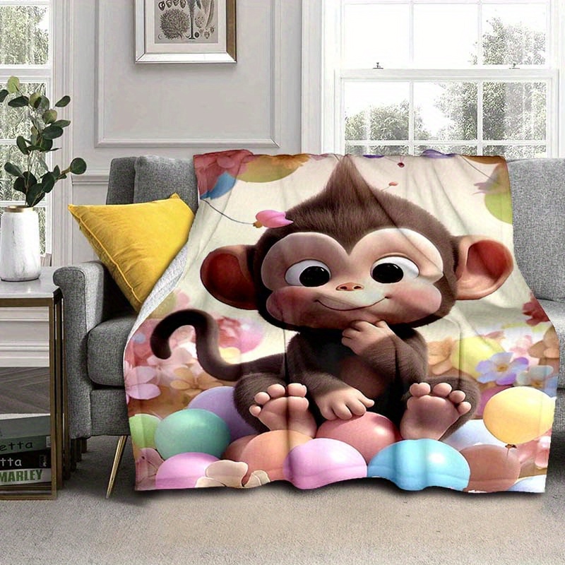 

Soft & Cozy Cartoon Monkey Throw Blanket - Perfect For Sofa, Bed, Picnic, Travel, And Office Naps - Machine Washable Polyester