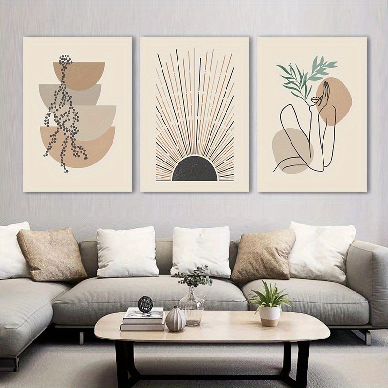 

Framed 3 Piece Neutral Bohemian Wall Art Painting Boho Wall Art Retro Woman Floral Abstract Sun Poster Canvas Print Modern Minimalist Picture For Living Room Bedroom Home Decoration
