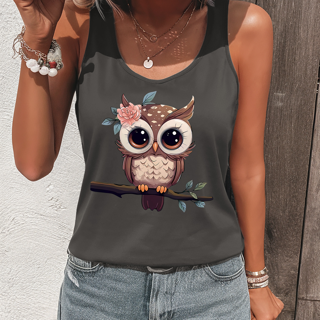 

Owl Print Tank Top, Sleeveless Casual Top For Summer & Spring, Women's Clothing