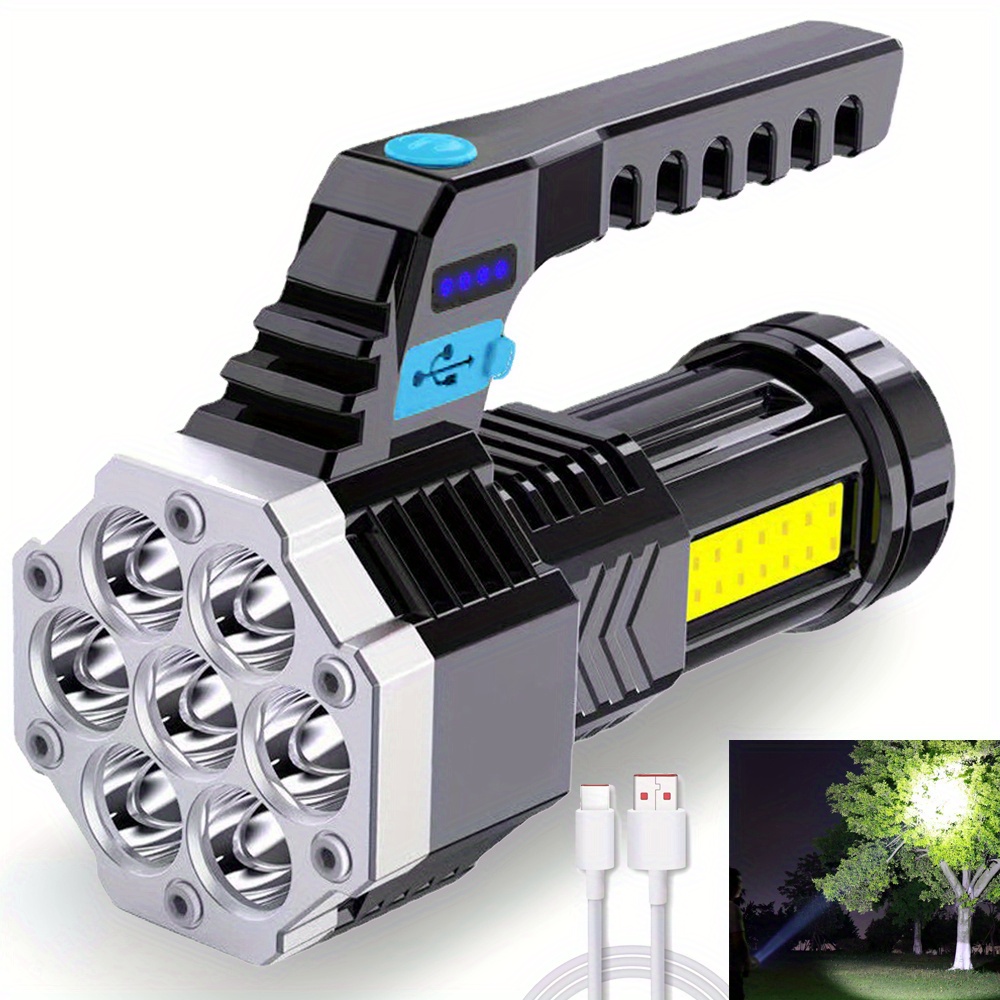 

1pc High Flashlight Powerful Usb Rechargeable Handheld Portable Outdoor Lamp Built-in Battery Cob 7 Led Flashlights