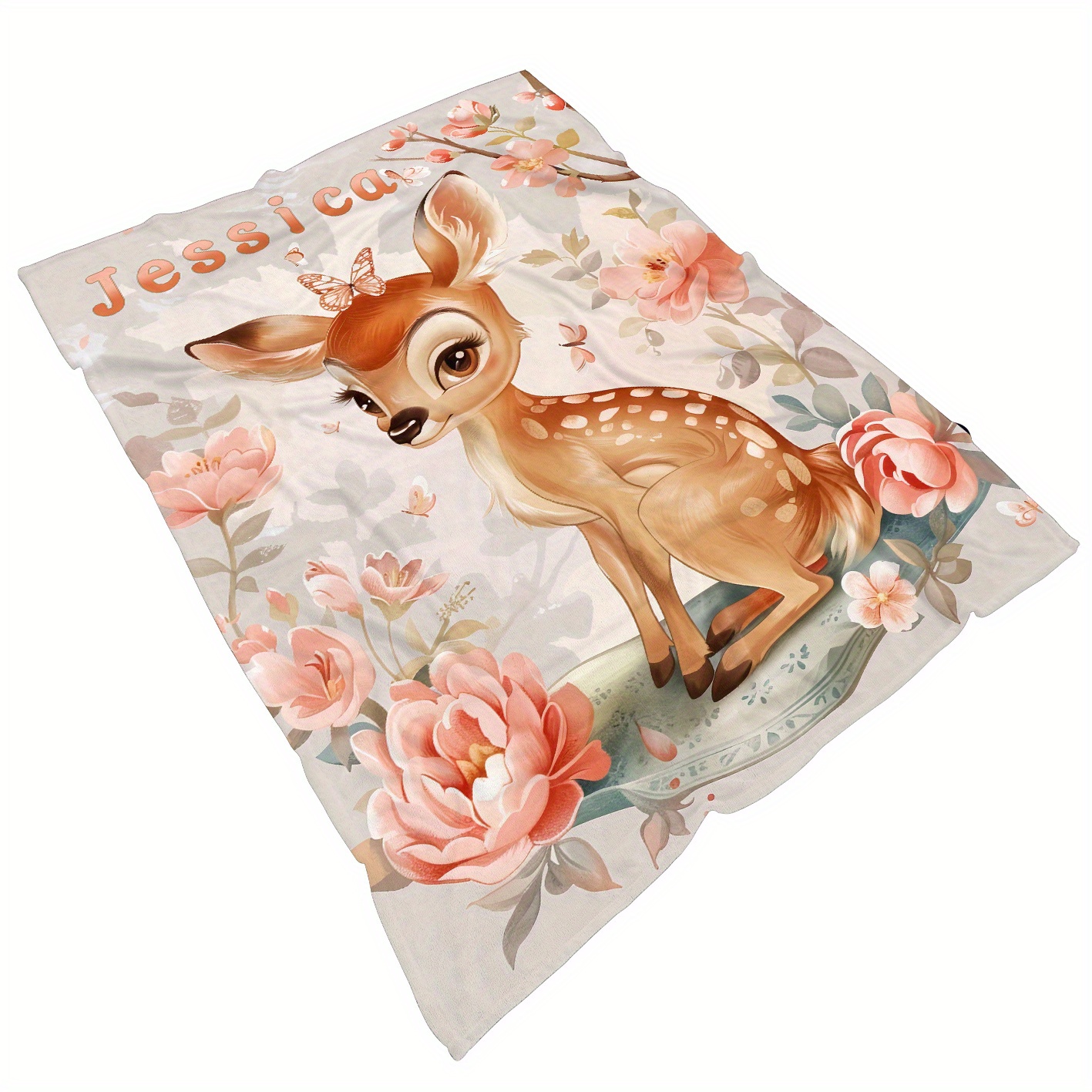 TEMU Custom 1pc Custom Name Cute Little Deer Printed Soft And Warm Blanket - Lightweight Flannel Throw For Sofa, Bed Sheet, Bedroom, Travel, Living