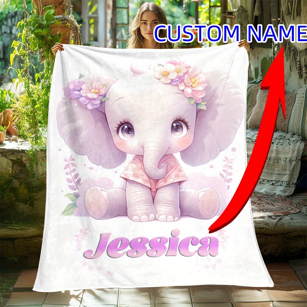 

Personalized Elephant Print Soft Flannel Throw Blanket - Custom Name, Lightweight & Warm For Sofa, Bedroom, Office Chair | Ideal For Travel, Camping | Unique Gift For Family