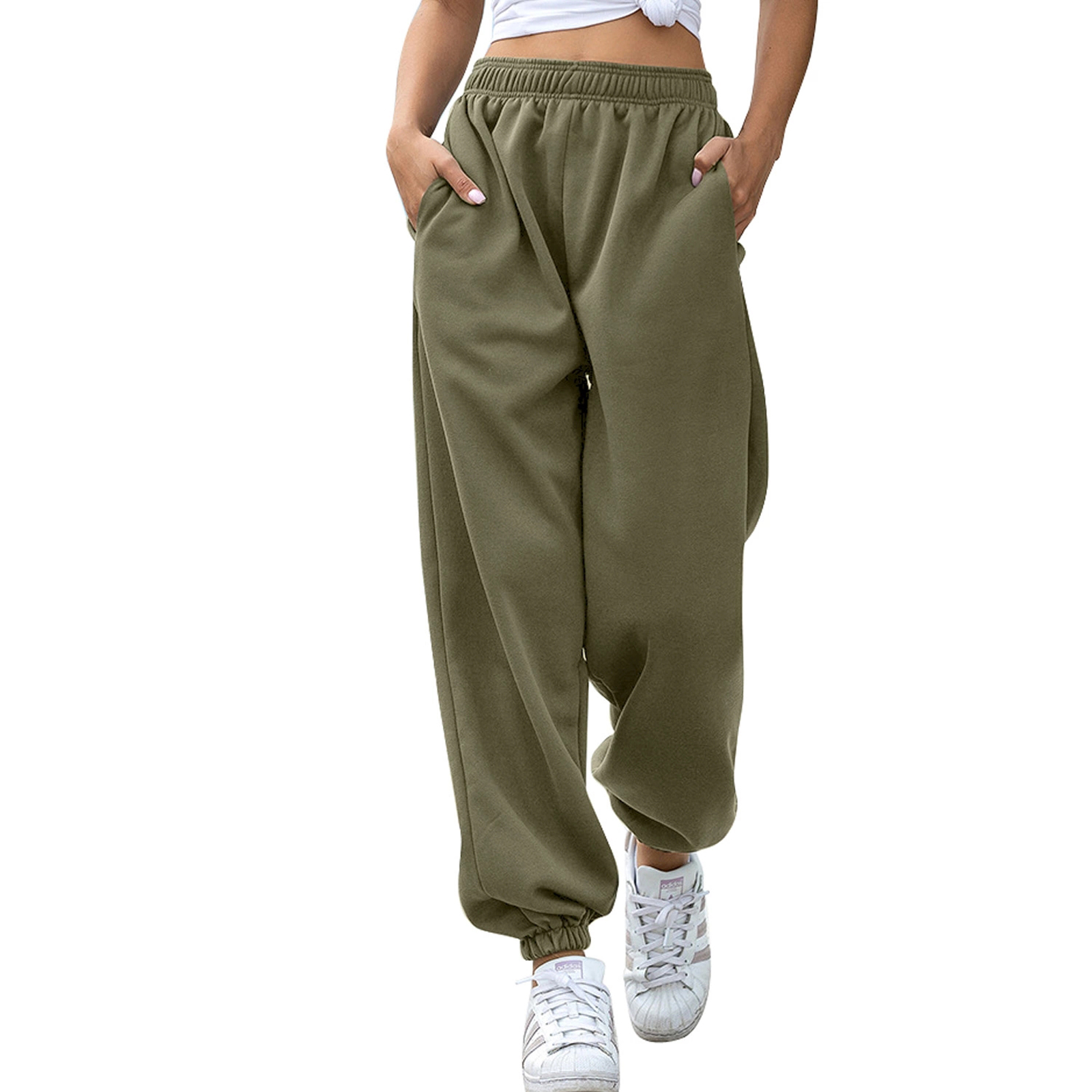 

Womens Solid Color Plush Long Pants, Elastic Waist Sport Thickening Baggy Workout Trousers, Jogger Pants