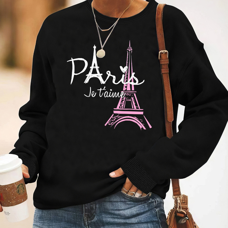 

Paris Print Crew Neck Sweatshirt, Long Sleeve Casual Sweatshirt For Winter & Fall, Women's Clothing