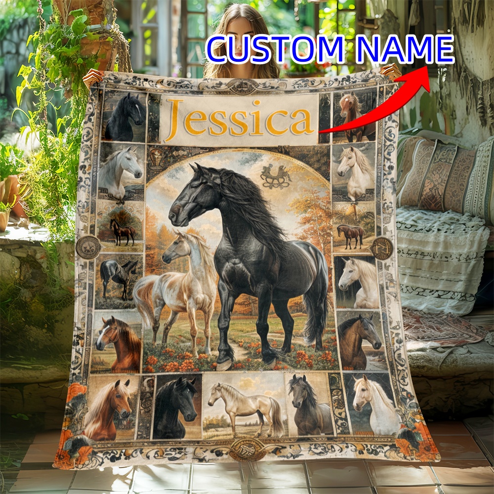 

Personalized Horse-themed Blanket With Custom Name - Vintage Lightweight Flannel Throw For Couch, Bedroom, Office, Travel, Camping - 100% Polyester Soft Cozy Blanket - Ideal Gift For Horse Lovers