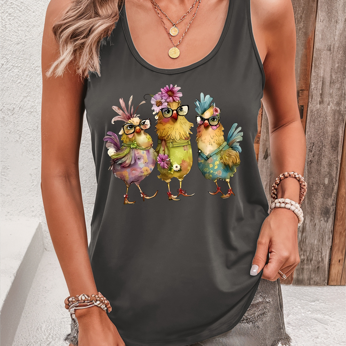 

Chicken Print Tank Top, Sleeveless Crew Neck Casual Top For Summer & Spring, Women's Clothing