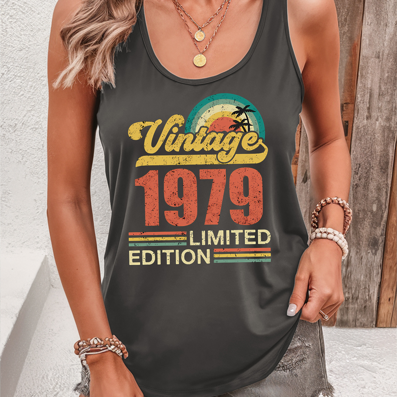 

Vintage 1979 Print Tank Top, Sleeveless Casual Top For Summer & Spring, Women's Clothing