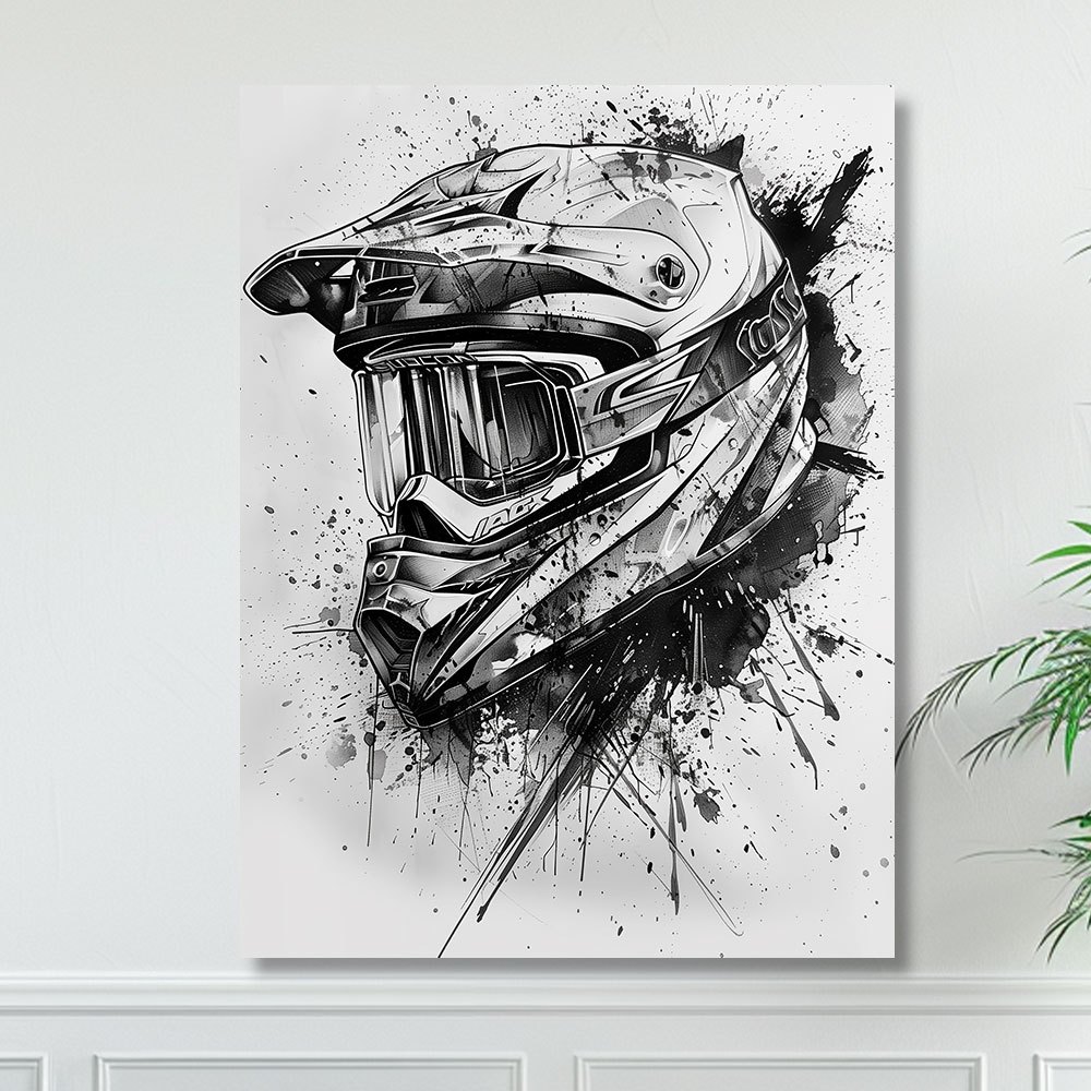 

Aggressive Motocross Helmet Canvas Art Print - Black And White Off-road Motorcycle Helmet Wall Decor With Splashes For Living Room, Bedroom, Studio - Modern Hanging Wall Art, 12x16 Inch - Unframed