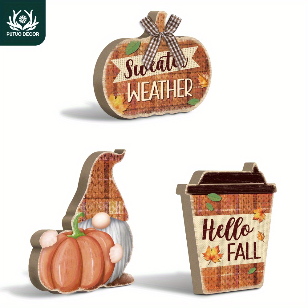 

3pcs Set Autumn Pumpkin Wooden Decor - Fall-themed Coffee Cup Shaped Tabletop Accents For Thanksgiving & , Home, Office,