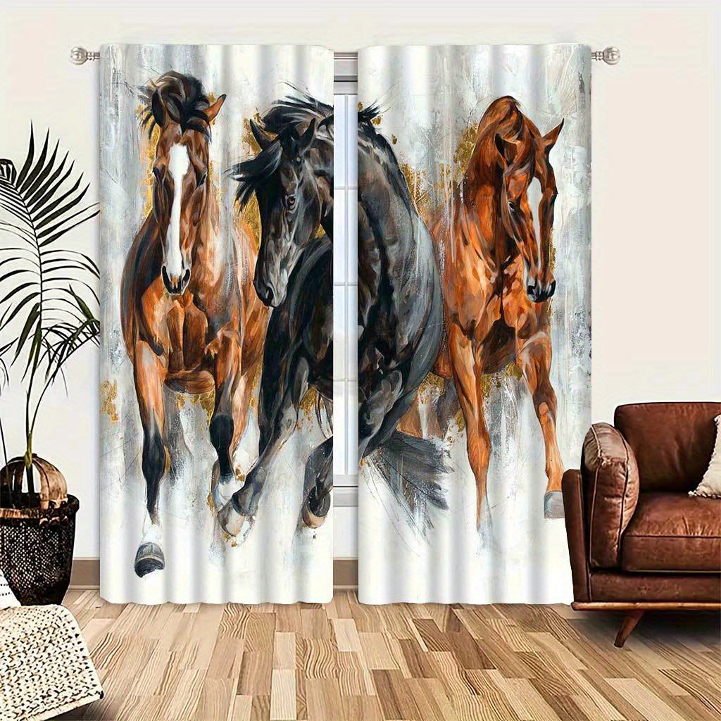 

Boho Horse Print Room Darkening Curtains - Jacquard Polyester Pastoral Theme Drapes For Living Room With Tie Back, Machine Washable, Durable Easy-hang Panels