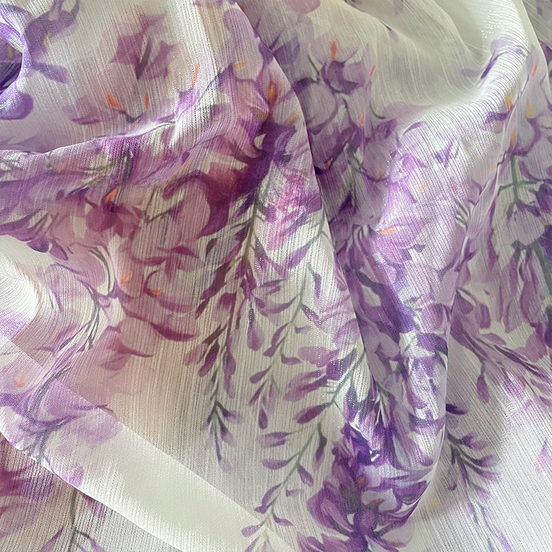 

Printed Fabric, Digital Print Processing, Polyester Base Cloth With Wisteria Flower Design, Shiny Silk Wrinkle Chiffon, Purple Floral Print Material