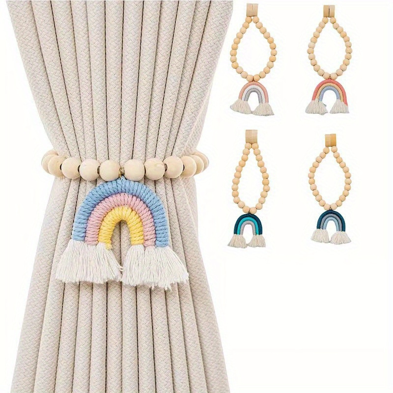 

Set Of 2 Vintage-style Wooden Bead Curtain Ties With Hand-woven Rainbow Tassels - Perfect For Home Decor