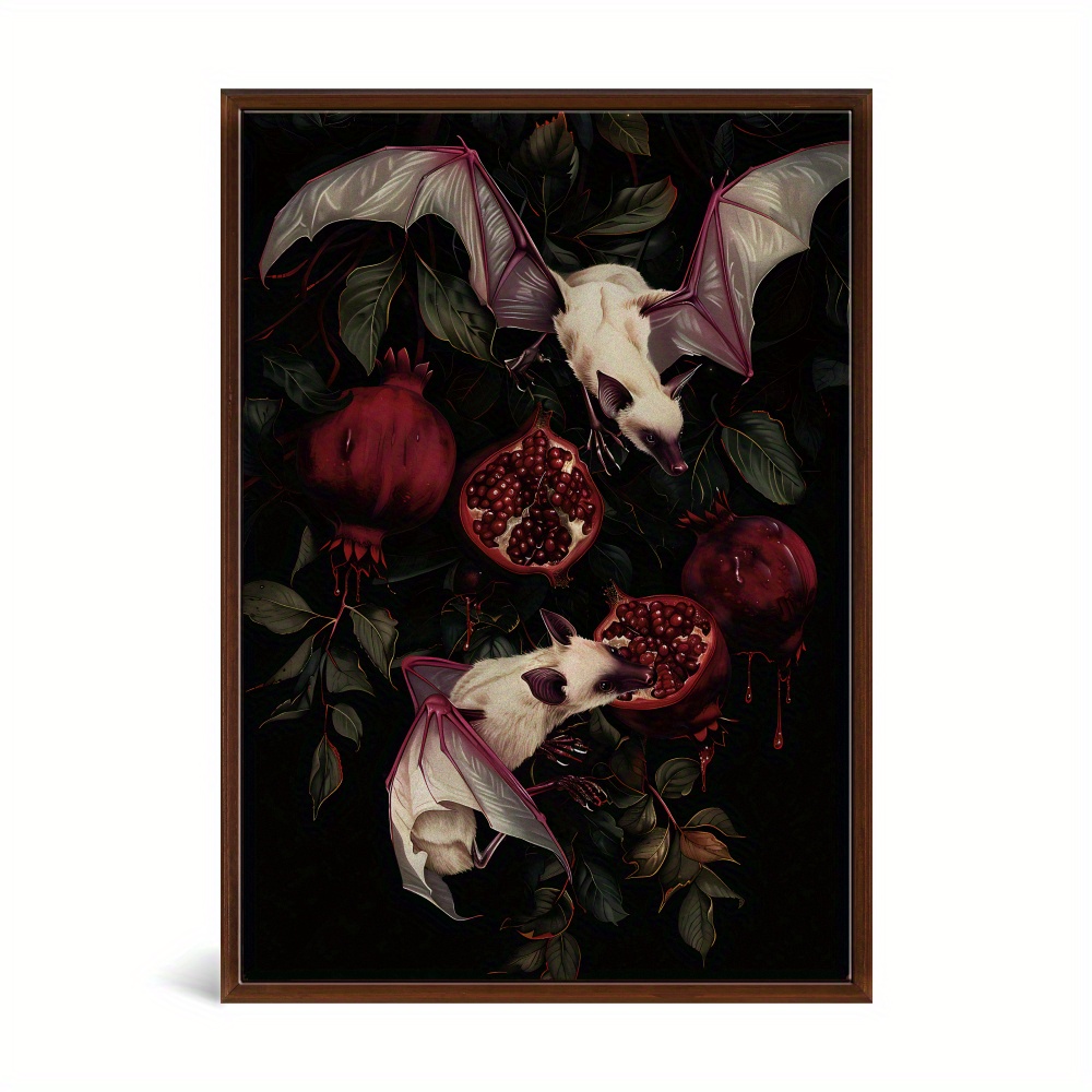 Image of Putuo Decor 1pc Gothic Style Wooden Painting Hanging Sign Decor, Fruit Bats And Pomegranates, Wood Poster Wall Art Decoration For Home Room Bedroom Studio, Gift