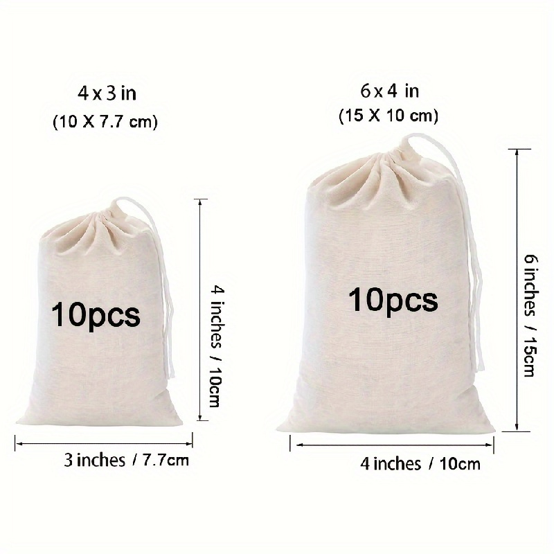 TEMU 20pcs Beige Muslin Soup Bags - Reusable & High-quality Drawstring Cheesecloth Bags In Various Sizes For Cooking, Spices, Bone Broth Brewing | With Durable Fabric Material