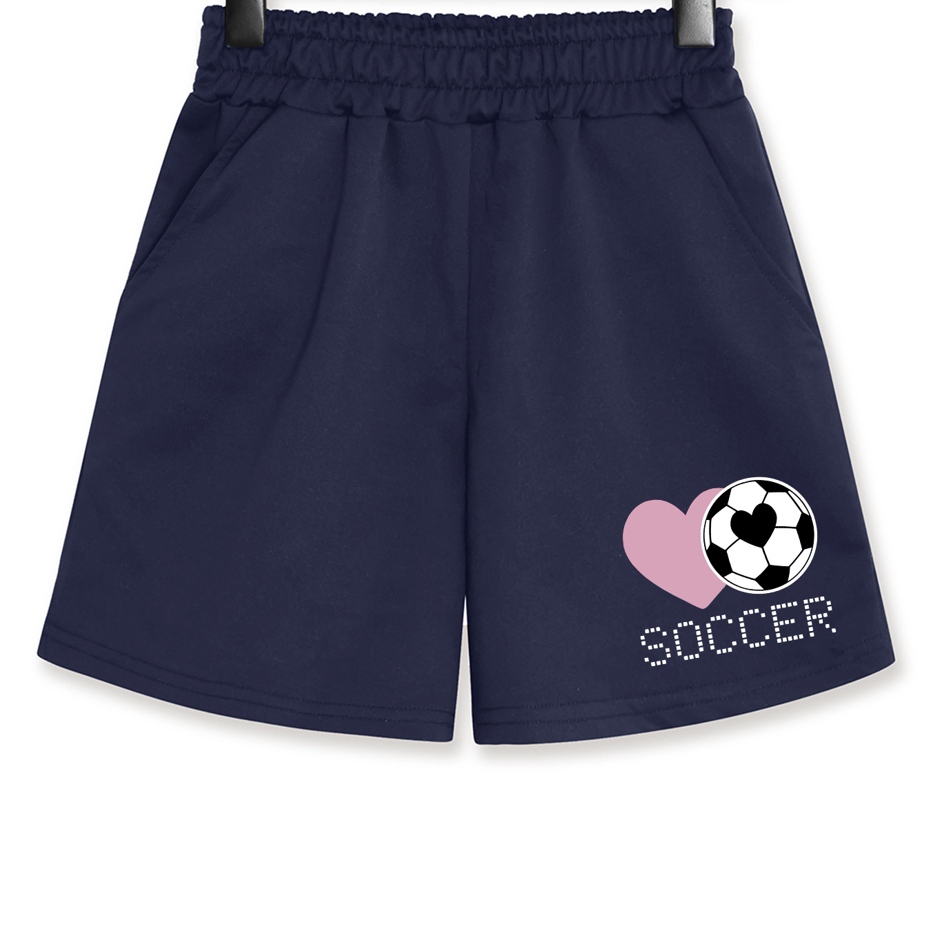 

Love Soccer Print Girl's Solid Color Slightly Stretch Shorts With Side Pockets, Casual Breathable Comfy Bottoms For Outdoor Jogging, Running, Sport Activities