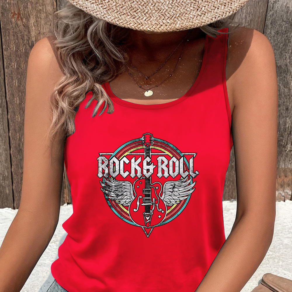 

Rock & Roll Print Tank Top, Sleeveless Crew Neck Casual Top For Summer & Spring, Women's Clothing