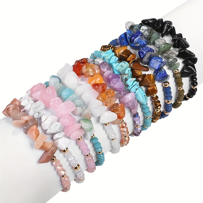 

12-pieces Natural Irregular Stone Bracelets Set, Crystal Gravel Bead Bracelet - Irregular Woven Style, Beach Inspired, Handmade Beading Supplies