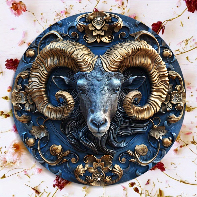 

Waterproof Aluminum Aries Ram Metal Wall Art - 8 Inch Round Hd Print, Weather-resistant Door Hanger With Pre-drilled Holes - Textured High-quality Ram Sheep Decor Sign - 1pc