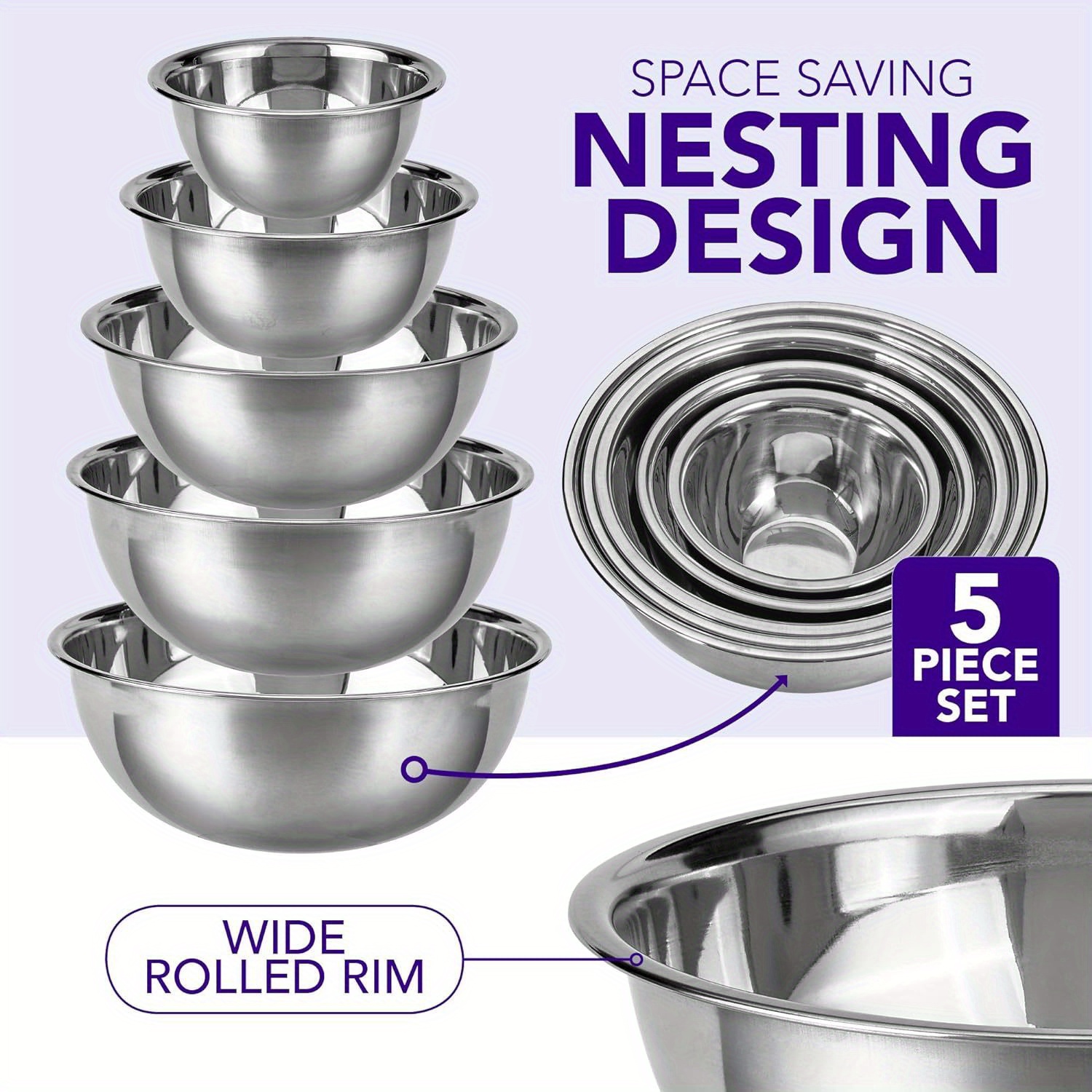 

Stainless Steel Mixing Bowls Set Of 5 - Rust Resistant, Nesting Design For Space Saving, Wide Rim Salad Prep Bowls, Stackable Kitchen Serving Bowls For Cooking & Baking