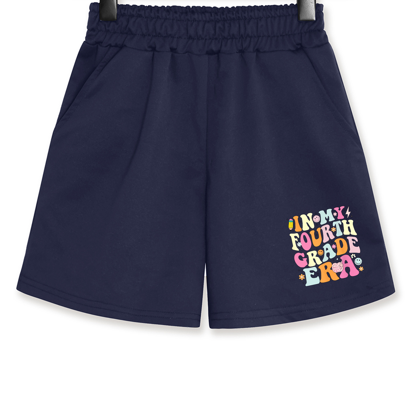

In My Fourth Grade Era Print Girl's Solid Color Slightly Stretch Shorts With Side Pockets, Casual Breathable Comfy Bottoms For Outdoor Jogging, Running, Sport Activities