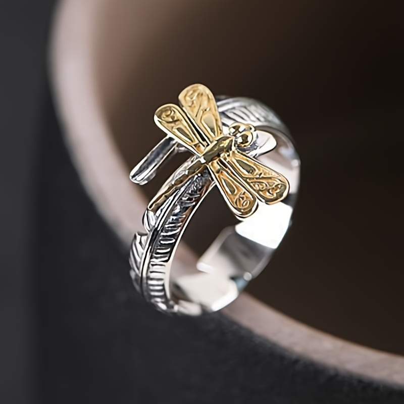 

1pc Women Men's Ring Retro Punk Style Feather Dragonfly Pattern Jewelry Accessories Gift