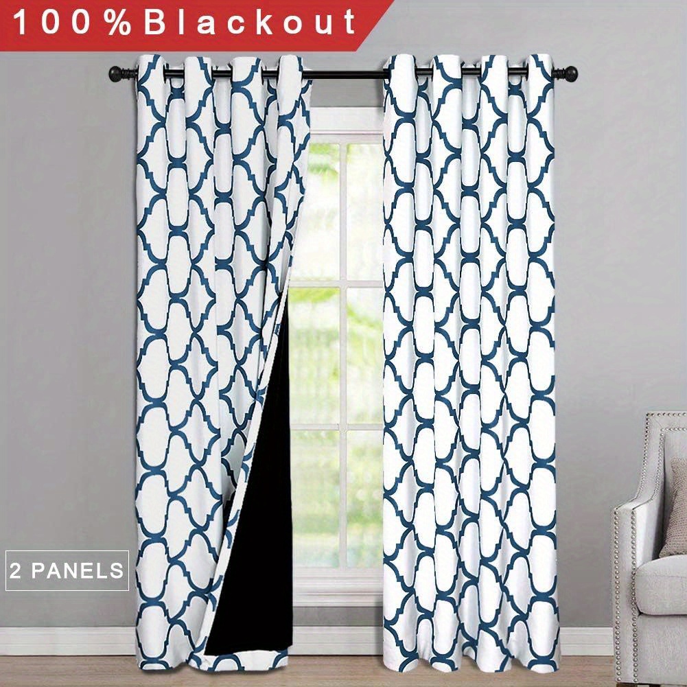 

2 Pieces Moroccan 100% Blackout Curtains For Bedroom 63 Inch Length, /royal Blue, Living Room Thermal Insulated Black Liner Grommet Drapes