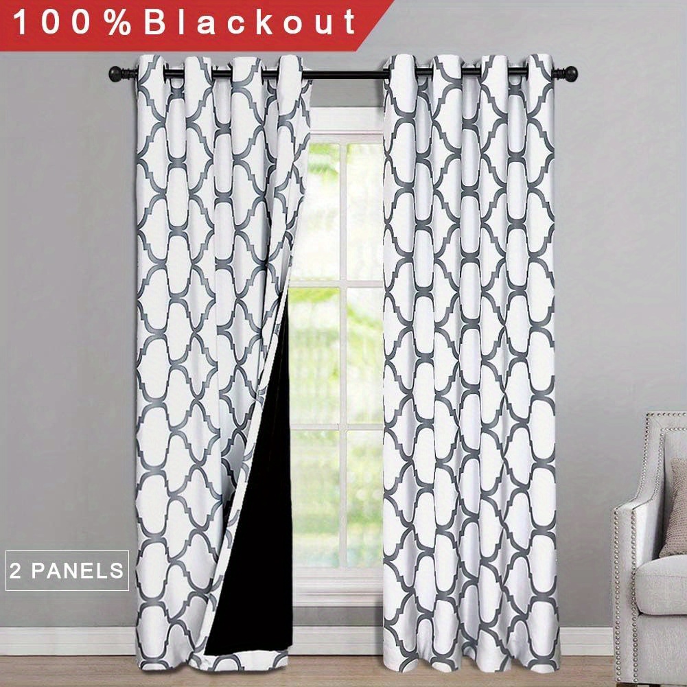 

2pcs Moroccan 100% Blackout Curtains For Bedroom, Living Room Thermal Insulated Black Liner Grommet Drapes, /grey