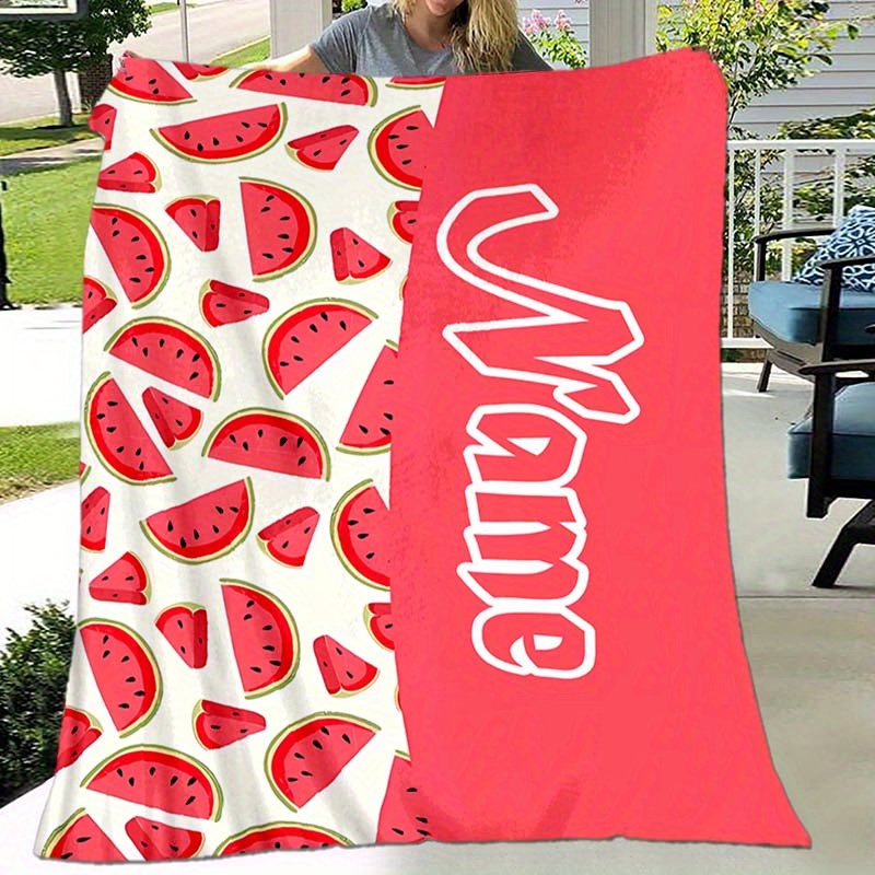 

Personalized Watermelon Print Blanket - Custom Name Polyester Chunky Knit Throw, All-season Comfort For Travel, Sofa, Outdoor, And Home Decor - Machine Washable