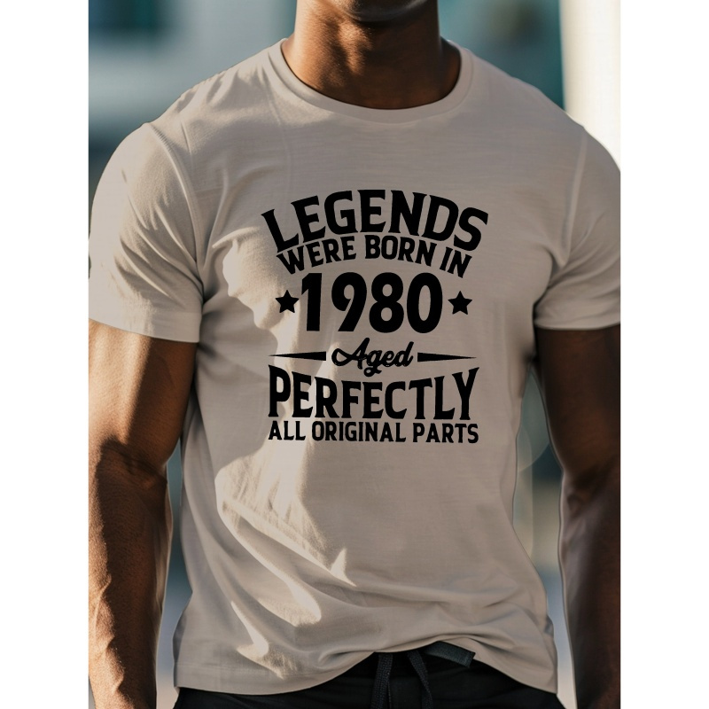 

' Legends Were Born In 1980 ' Letters Print Men's Crew Neck Short Sleeve T-shirt, Slightly Elastic, Summer Casual Comfy Top For Outdoor Fitness & Daily Wear