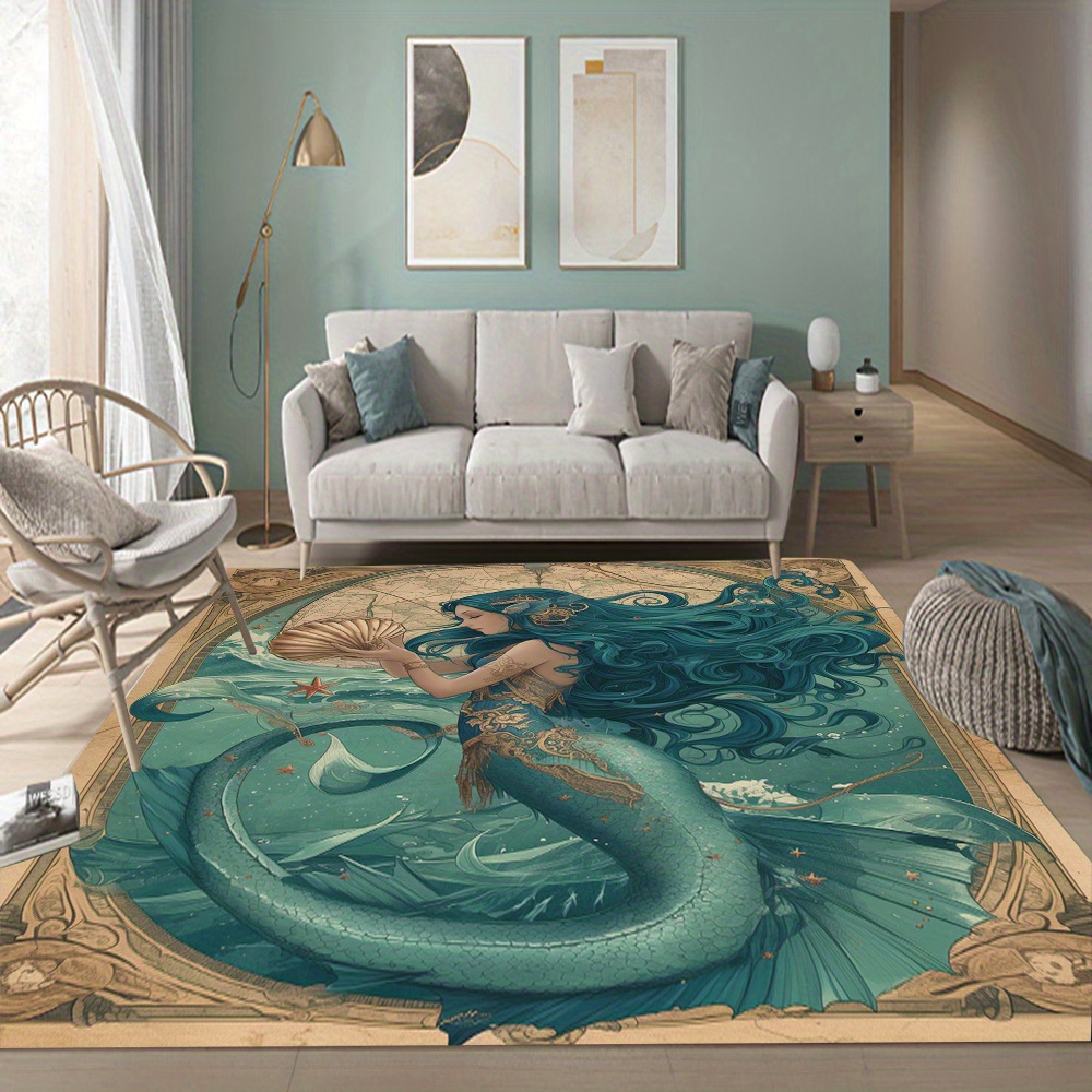 

Chic Green Mermaid Non-slip Door Mat - Machine Washable, Stain-resistant Polyester Rug For Bathroom & Living Room Decor