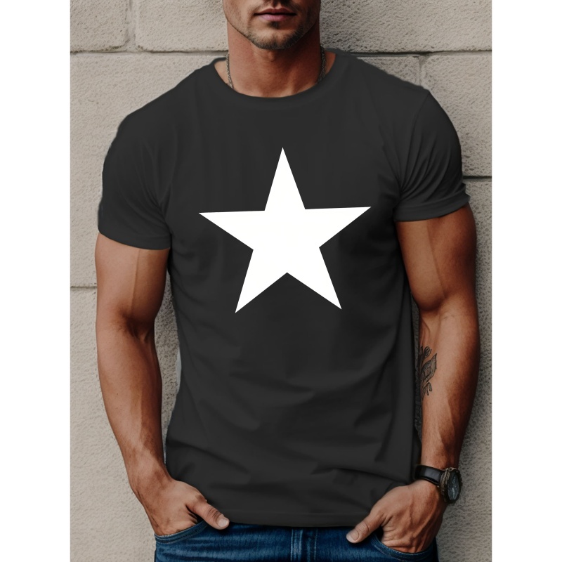 

Simple Star Pattern Print Men's Crew Neck Short Sleeve T-shirt, Slightly Elastic, Summer Casual Comfy Top For Outdoor Fitness & Daily Commute