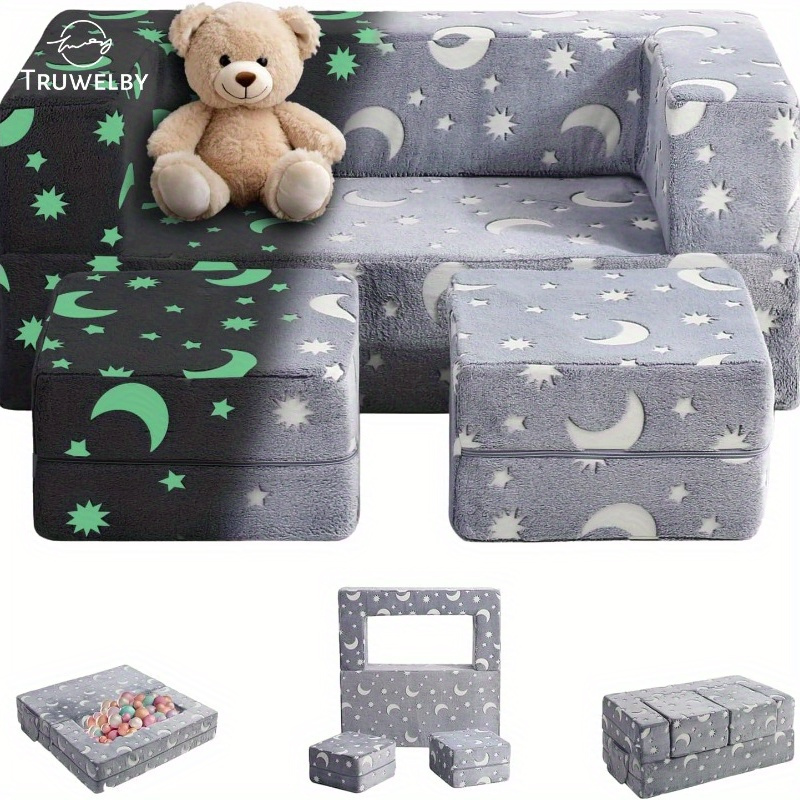 

Glow In The Dark , Convertible Plush Mini Couch With Washable And Durable Covers Grey