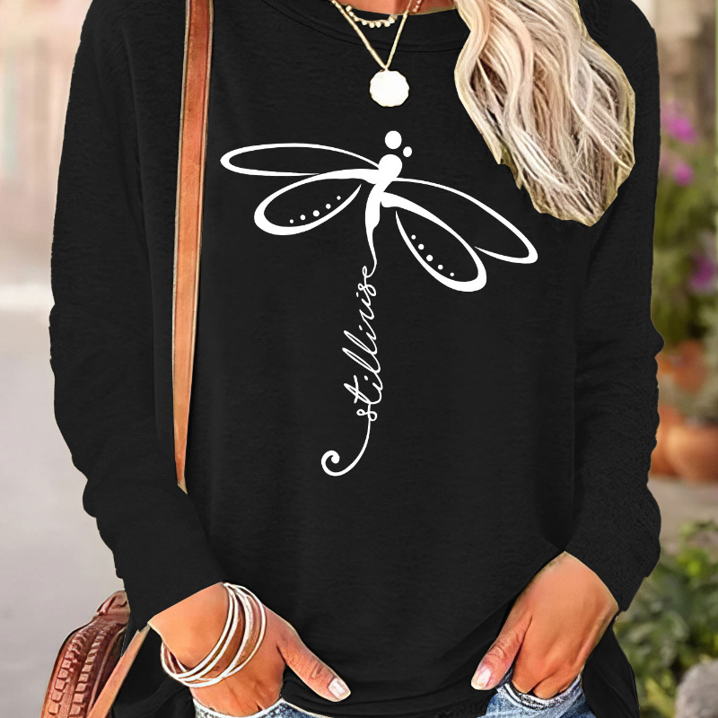 

Dragonfly Print Crew Neck T-shirt, Casual Long Sleeve T-shirt For Spring & Fall, Women's Clothing