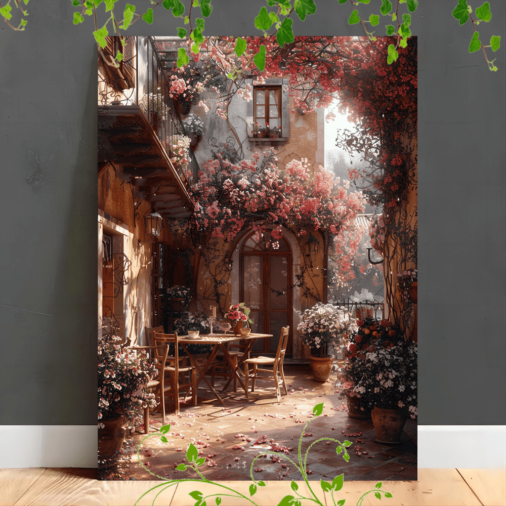 

1pc Wooden Framed Canvas Painting For Office Corridor Home Living Room Decoration A Charming Courtyard With A Wooden Table And Chairs, Surrounded By Blooming Potted Flowers And Bathed In Soft Sunlight