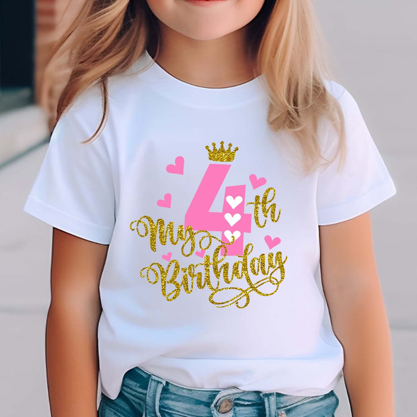 

my 4th Birthday" Letter Print Creative T-shirts, Soft & Elastic Comfy Crew Neck Short Sleeve Tee, Girls' Summer Tops