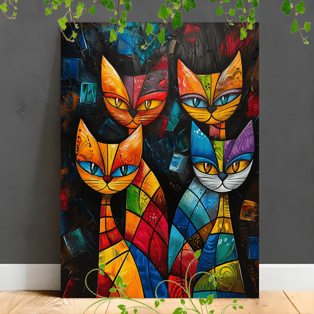 

1pc Wooden Framed Canvas Painting, Home Decorate Abstract Painting Of 4 Stylized Cats In Vibrant, Geometric Patterns With Bold Colors Against A Dark Background (1)