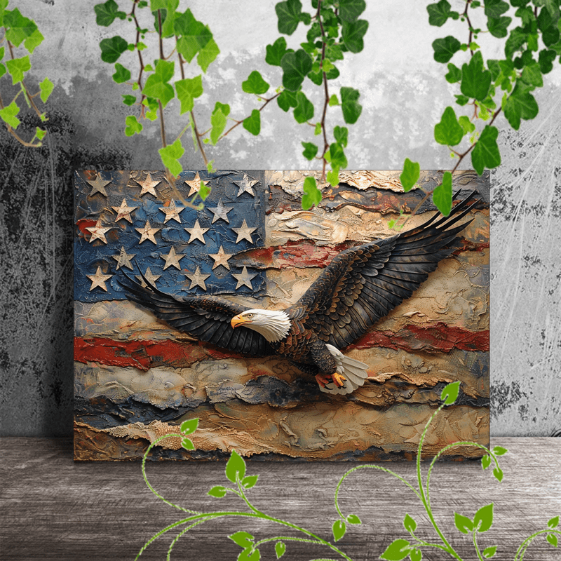 

1pc Wooden Framed Canvas Painting For Office Corridor Home Living Room Decoration A Majestic Bald In Flight With Its Wings Spread Wide, Set Against A Backdrop Of The American Flag