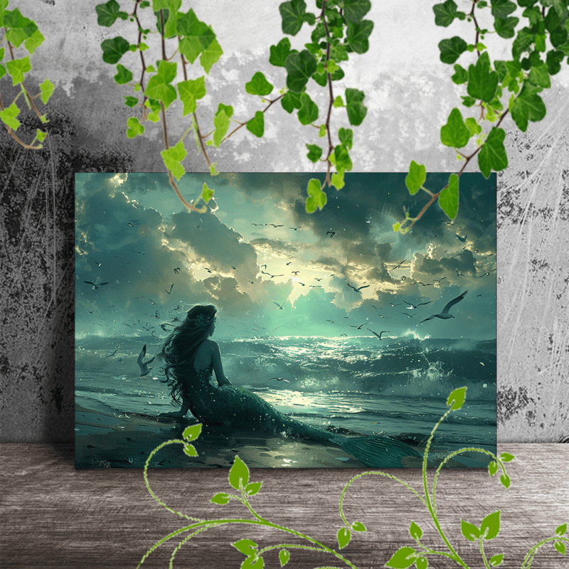 

1pc Wooden Framed Canvas Painting For Office Corridor Home Living Room Decoration A Mermaid Sitting At The Edge Of The Ocean, Gazing Out At The Sea Under A Sky Filled With Seagulls