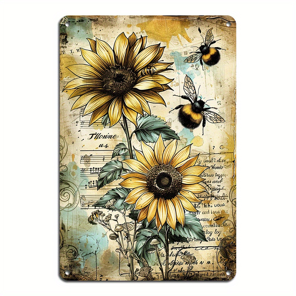 

Vintage Bee Sunflower Metal Wall Sign - 8x12inch/20x30cm - Indoor/outdoor Decor - Aluminium Material