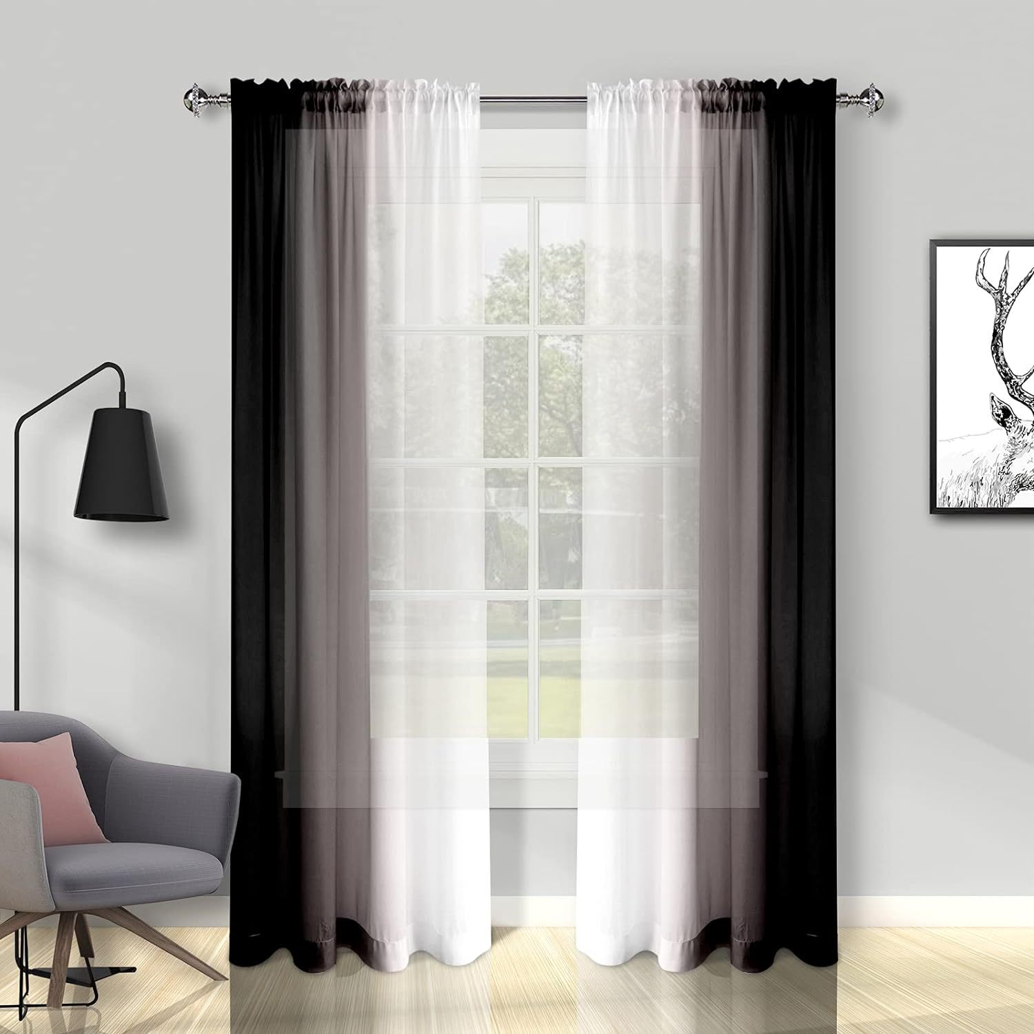 

Black Ombre Sheer Curtains For Living Room, Bedroom Chiffon Black White Gradient Rod Pocket Voile Drapes, 2 Panels