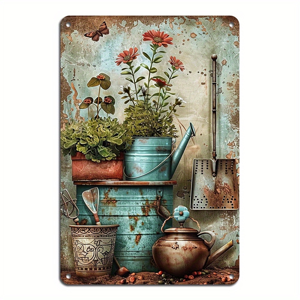 

1pc Reusable Aluminum Metal Tin Sign With Vintage Gardening Tools & Potted Plants Design, Pre-drilled Weather-resistant Wall Hanging Plaque For Home & Garden, 14+ Age Group - 8x12 Inch