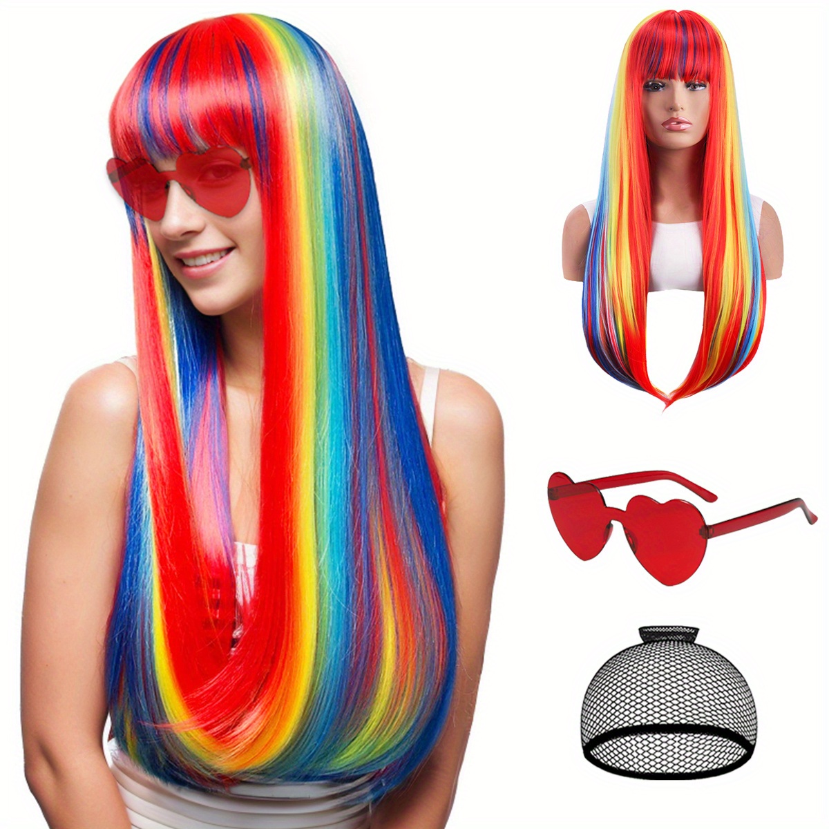 

3pcs Set 26" Colorful Long Straight Wig With Bangs For Women - Heat Resistant Synthetic Hair, Includes Free Net & Eyes - Perfect For , Parties & Everyday Glam