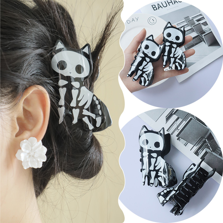 

1pc Halloween Skeleton Cat Hair Claw - Cute & Acrylic Shark Clip, French- With Striped Detail, Ponytails & Updos, Halloween Hair Clip