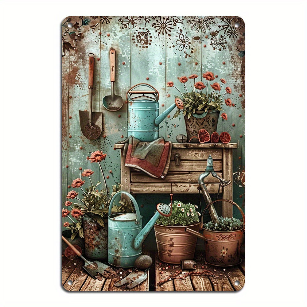 

1pc Aluminum Vintage Garden Tin Sign - Reusable, Pre-drilled, Waterproof & Weather-resistant Wall Art Plaque For Home, Garage, Bar Decor - Gardening Tools & Floral Pots Illustration, 14+ Age Group