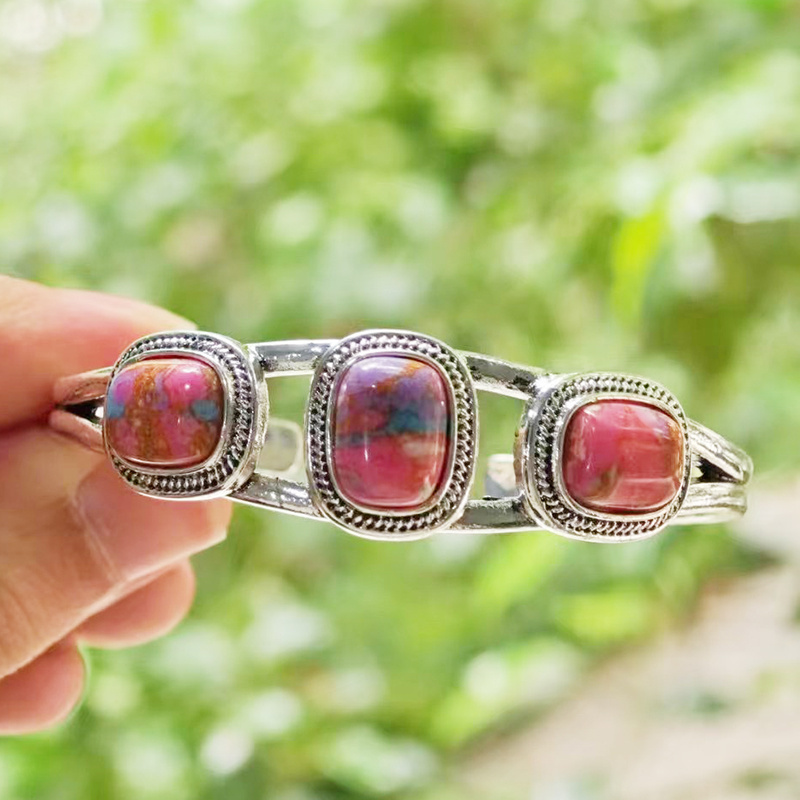 TEMU 1pc Vintage Style Turquoise Open Cuff Bracelet For Women, Fashionable Alloy Bangle With Random Stone Pattern, Ideal For Anniversary And Birthday